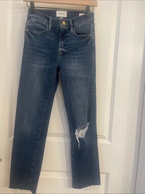Frame Denim Indigo Straight-Leg Jeans with Distressed Knee